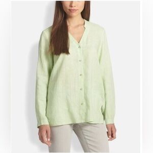 Eileen Fisher Linen Button Front Top XL Lightweight Relaxed Fit Green Blouse